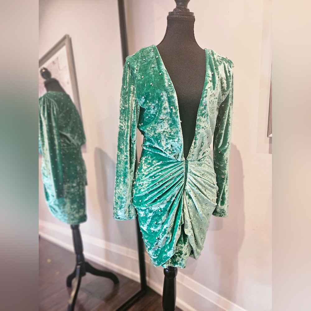 The Attico Green Velvet Rhinestone Deep V Dress